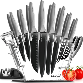 PrinChef Knife Set, 19 Pcs Rust Proof Knives Set for Kitchen, with Acrylic Stand, Sharpener, Scissors and Peeler