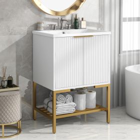 24" Bathroom Vanity with Sink, Bathroom Vanity Cabinet with Two Doors and Gold Metal Frame, Open Storage Shelf, White