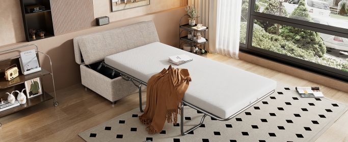 Twin Size Folding Ottoman Sleeper Bed with Mattress Convertible Guest Bed Light Gray
