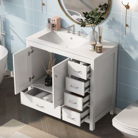 36" White Bathroom Vanity with Ceramic Sink Combo, Abundant Storage Cabinet -2 Soft-close doors and 5 drawers